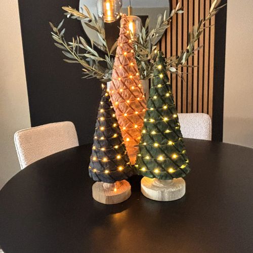 Kerstboompjes set van 3 (naturel, groen en antraciet) met batterij LED-verlichting